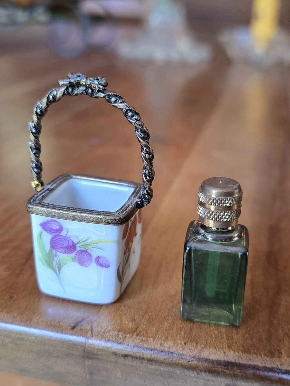 Vintage La Gloriette Limoges France Minature Floral Basket Trinket With Bottle